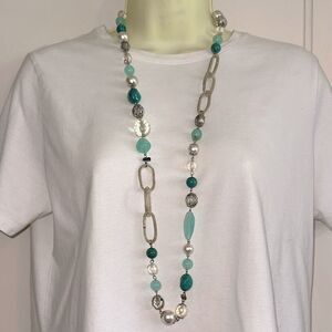 Long  Silver Tone Chunky Turquoise &‎ Faux Pearl Beaded Necklace